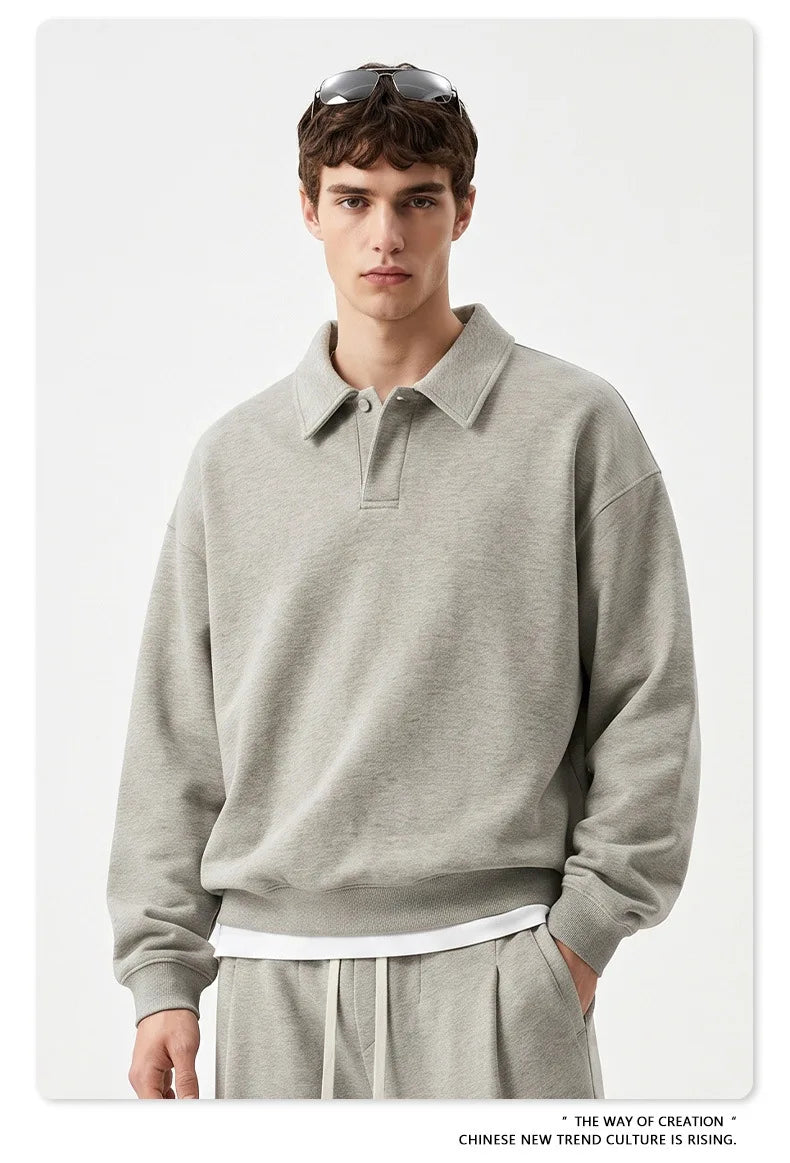 Custom LOGO men's autumn 320G heavy cotton new old money wind American retro polo sweater trousers loose suit