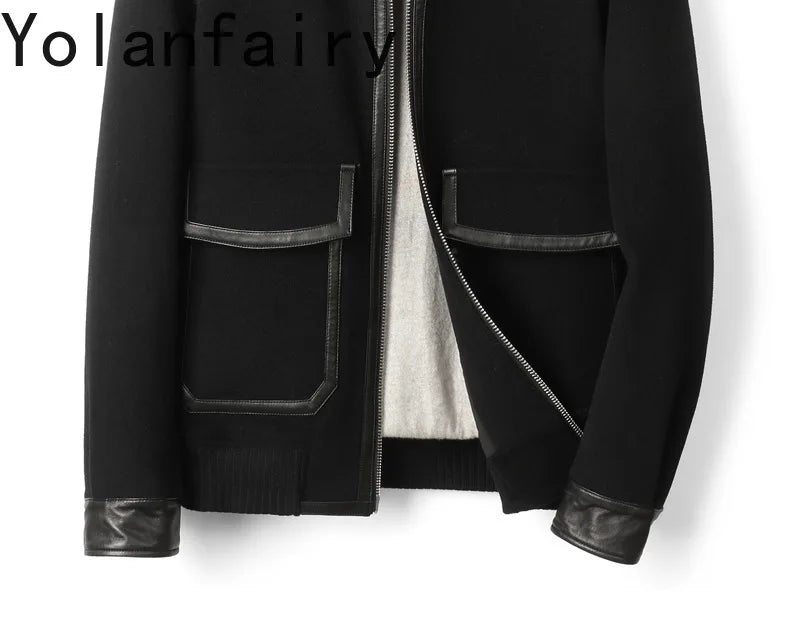 YOLANFAIRY Real Sheepskin Leather Patchwork Wool Coat for Men Autumn Trendy Short Cashmere Jacket Loose Streetwear ropa hombre
