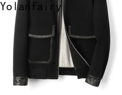 YOLANFAIRY Real Sheepskin Leather Patchwork Wool Coat for Men Autumn Trendy Short Cashmere Jacket Loose Streetwear ropa hombre