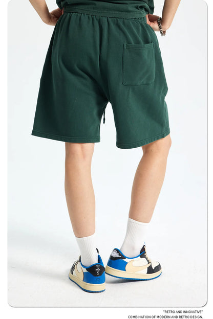 Custom LOGO men's new washed 420G European and American 100% cotton retro terry couple casual sports shorts