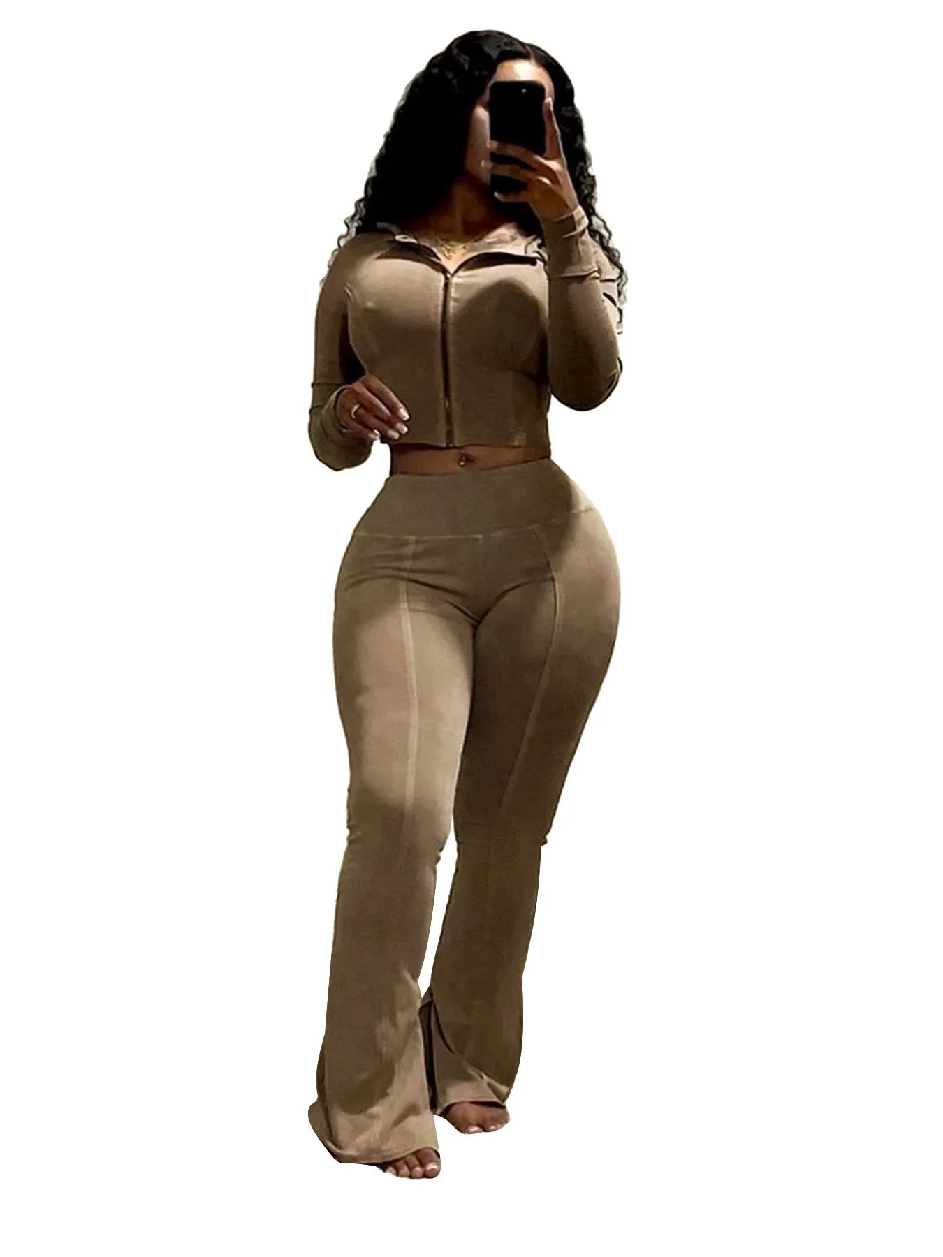 Customized LOGO women's cotton ammonia washed old hooded flared pants elastic two-piece casual suit