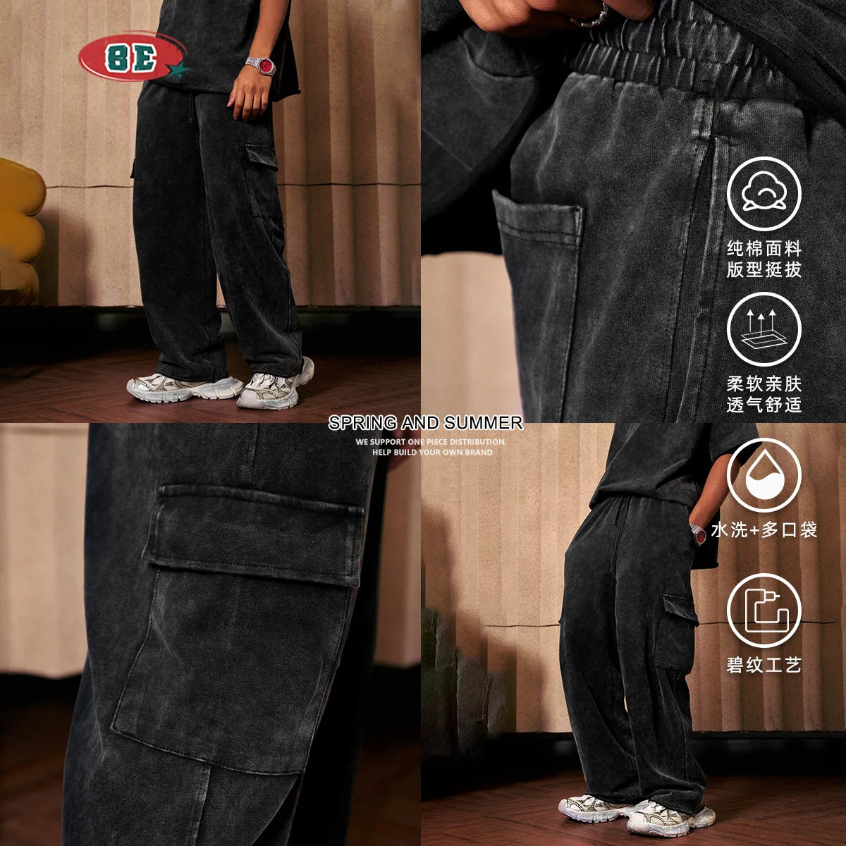 Custom LOGO Men's 358G Spring Summer 100% Cotton New Teen Thin Multi-Pocket American Retro Washing Tooling Casual Couple Pants