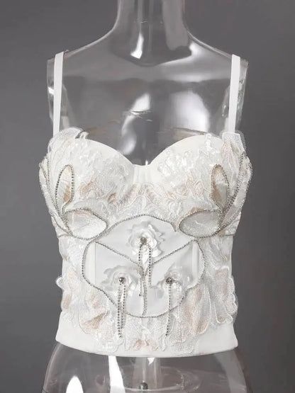 DEAT Fashion Fishbone Embroidery Lace Waist-sliming Tank Tops Women’s Pearl Embroidery Backless Sleeveless Camis Summer New