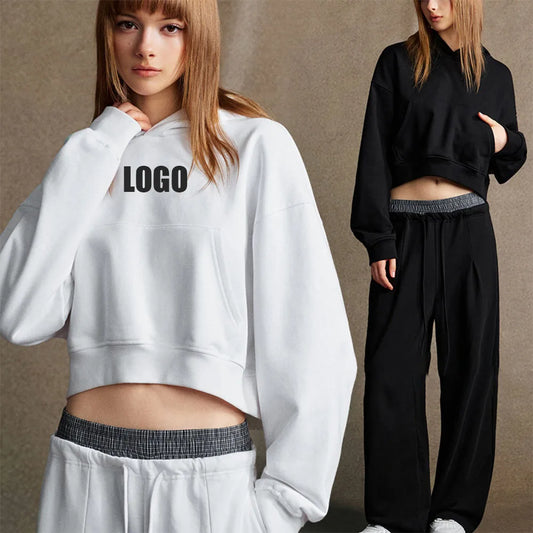 Customized LOGO women's new autumn blockbuster 445G big pocket hooded sweater short top