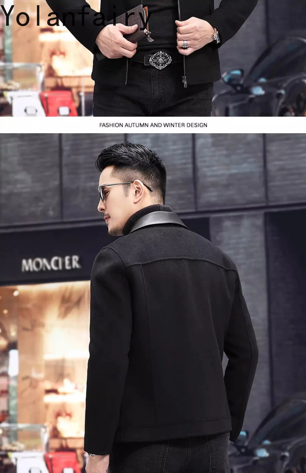 YOLANFAIRY Casual Wool Coats for Men Spring Autumn Fashion Short Woolen Coat Man Clothing Spliced Genuine Leather Mens Jacket