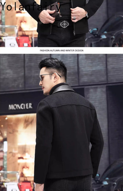 YOLANFAIRY Casual Wool Coats for Men Spring Autumn Fashion Short Woolen Coat Man Clothing Spliced Genuine Leather Mens Jacket