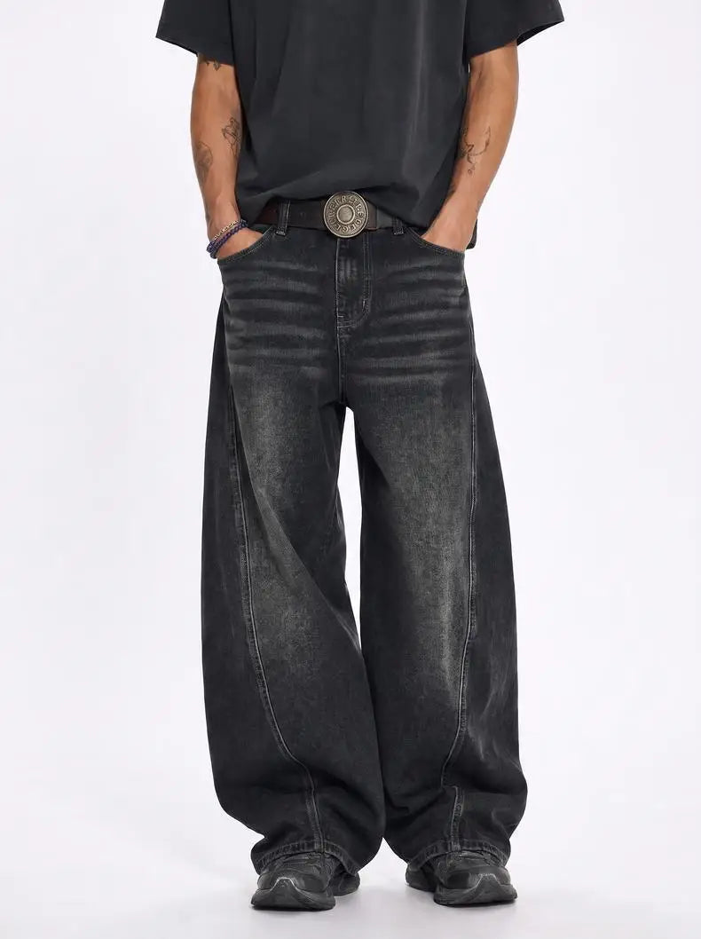 Custom LOGO men's 2026 denim scimitar pants cotton autumn new American retro washed old casual couple trousers