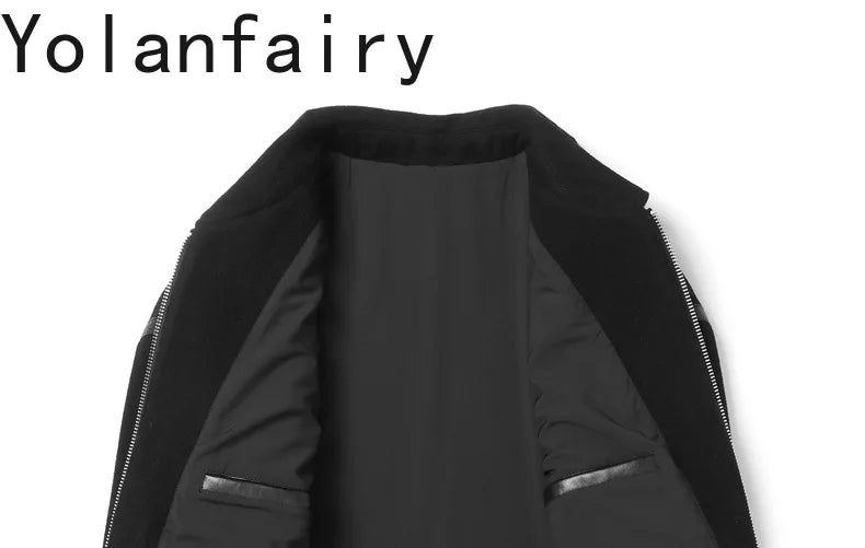 YOLANFAIRY Real Sheepskin Leather Patchwork Wool Coat for Men Autumn Trendy Short Cashmere Jacket Loose Streetwear ropa hombre