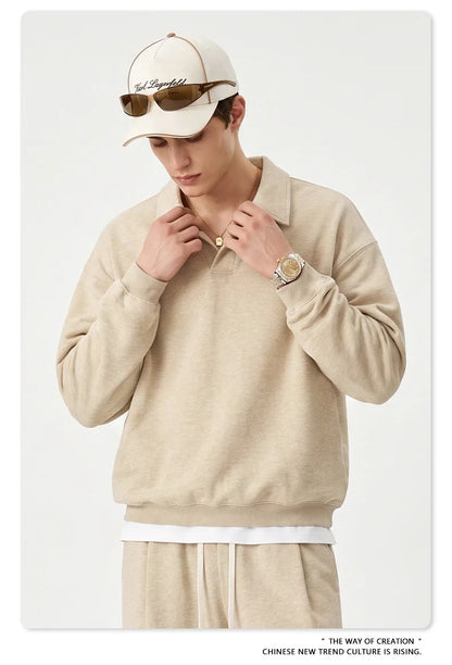 Custom LOGO men's autumn 320G heavy cotton new old money wind American retro polo sweater trousers loose suit