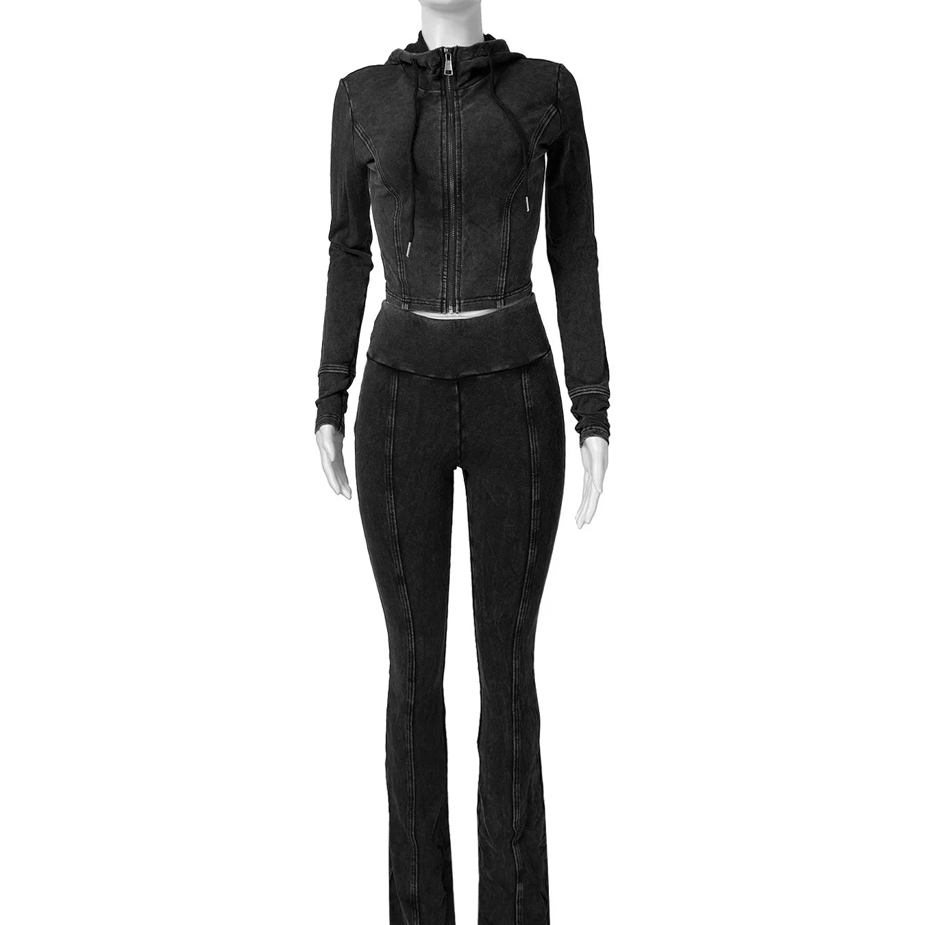 Customized LOGO women's cotton ammonia washed old hooded flared pants elastic two-piece casual suit