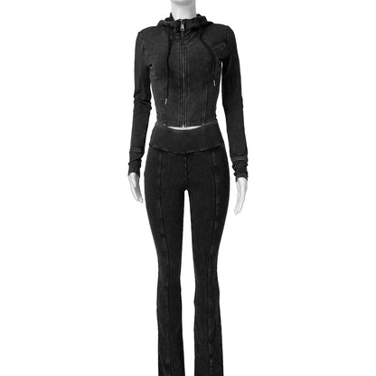 Customized LOGO women's cotton ammonia washed old hooded flared pants elastic two-piece casual suit