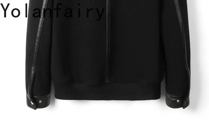 YOLANFAIRY Real Sheepskin Leather Patchwork Wool Coat for Men Autumn Trendy Short Cashmere Jacket Loose Streetwear ropa hombre