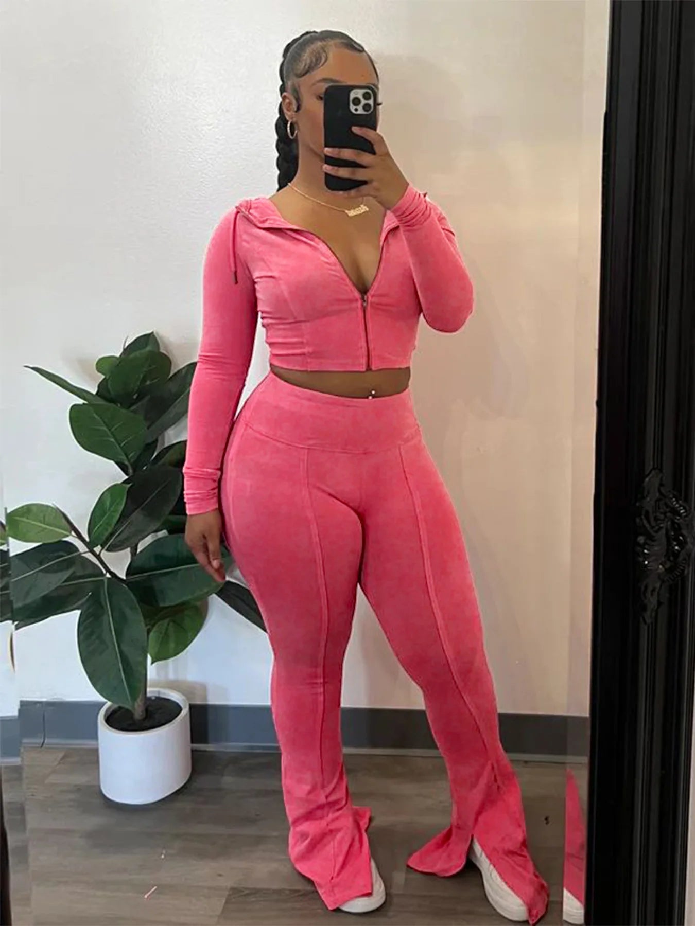 Customized LOGO women's cotton ammonia washed old hooded flared pants elastic two-piece casual suit