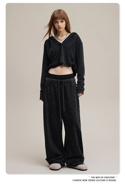 Custom LOGO Women's 2025 Spring and Autumn 370G Heavy 100% Cotton Retro Style Old and Skinny Double Waist Casual Straight Pants