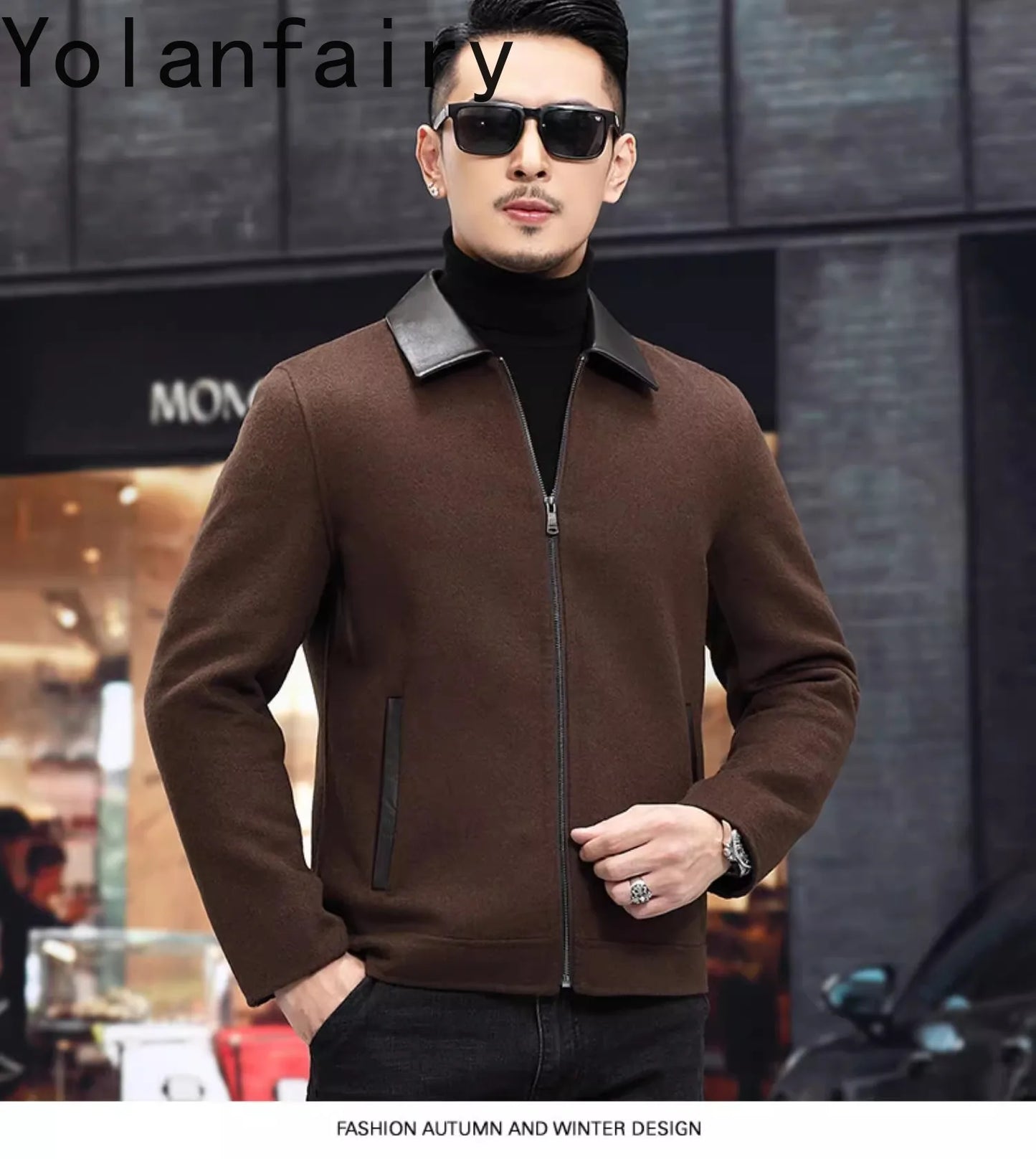 YOLANFAIRY Casual Wool Coats for Men Spring Autumn Fashion Short Woolen Coat Man Clothing Spliced Genuine Leather Mens Jacket