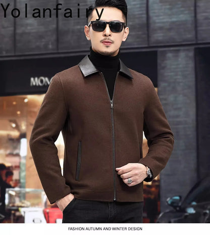 YOLANFAIRY Casual Wool Coats for Men Spring Autumn Fashion Short Woolen Coat Man Clothing Spliced Genuine Leather Mens Jacket