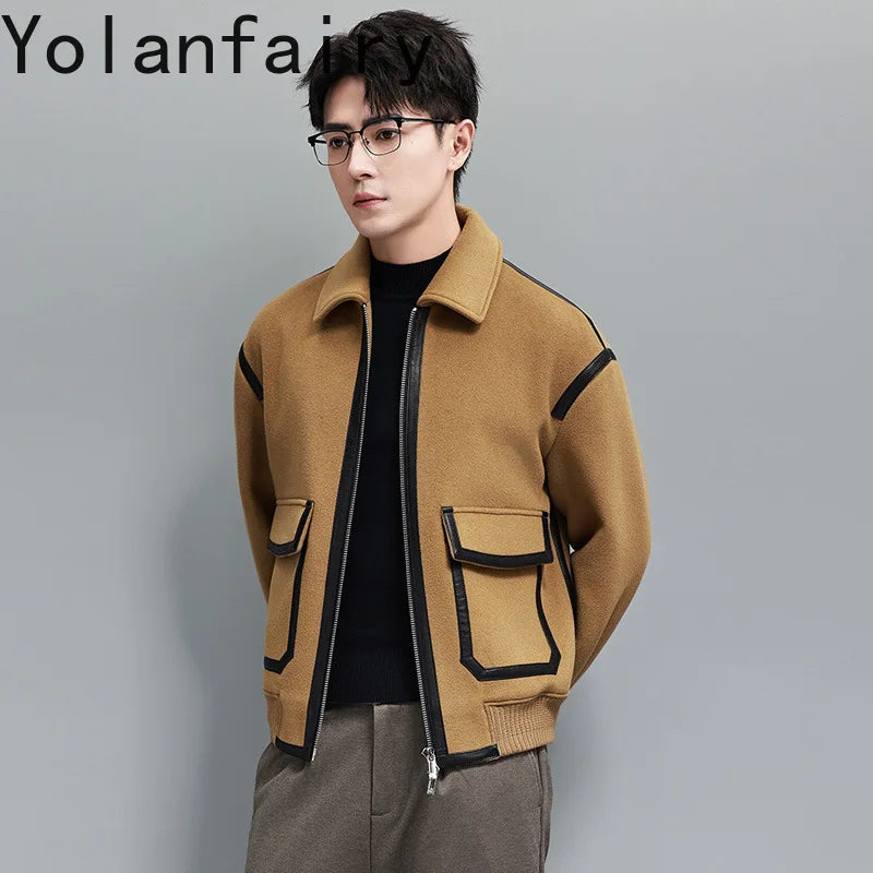 YOLANFAIRY Real Sheepskin Leather Patchwork Wool Coat for Men Autumn Trendy Short Cashmere Jacket Loose Streetwear ropa hombre