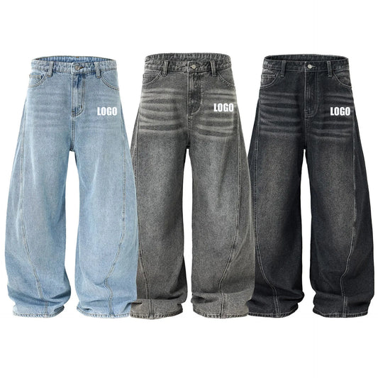 Custom LOGO men's 2026 denim scimitar pants cotton autumn new American retro washed old casual couple trousers