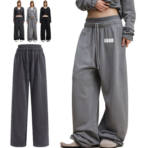 Custom LOGO Women's 2025 Spring and Autumn 370G Heavy 100% Cotton Retro Style Old and Skinny Double Waist Casual Straight Pants