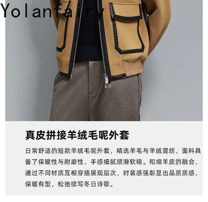 YOLANFAIRY Real Sheepskin Leather Patchwork Wool Coat for Men Autumn Trendy Short Cashmere Jacket Loose Streetwear ropa hombre