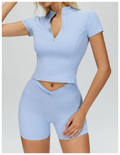 Custom LOGO Women's Yoga Short Sleeve Stand-up Neck Zipper Skinny Sports Short Sleeve Outdoor Running Fitness Top
