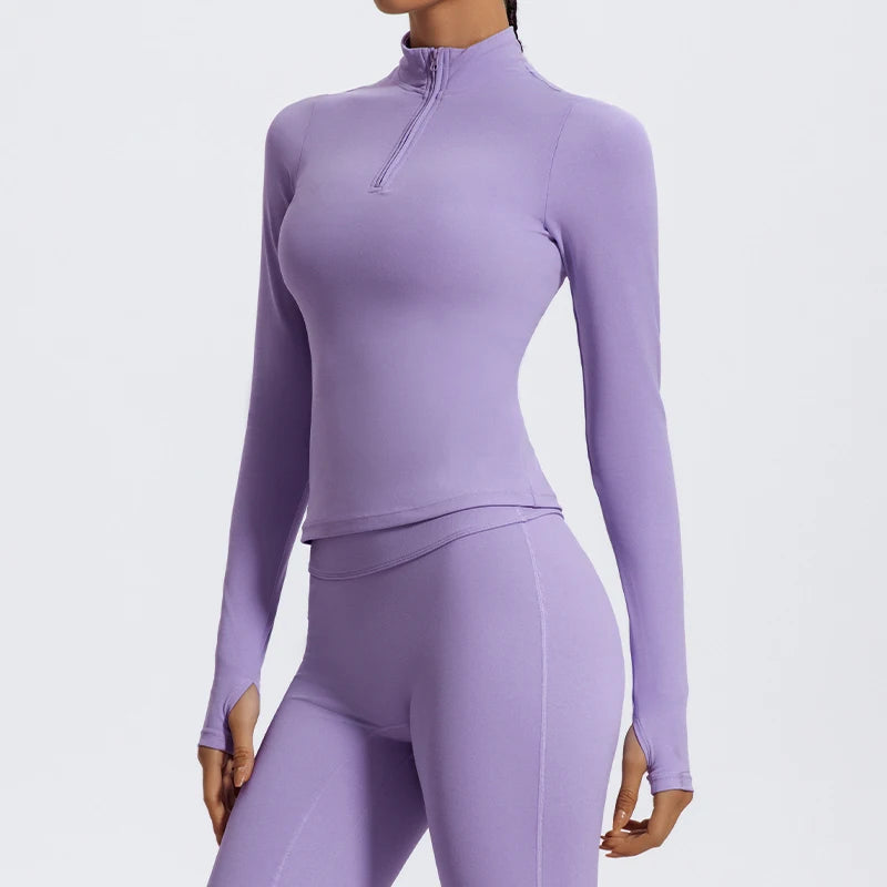Hearuisavy Half Zipper High Collar Sports Shirts Quick-Dry Yoga Clothing Women Sportswear Fitness Long Sleeve Tight Clothes