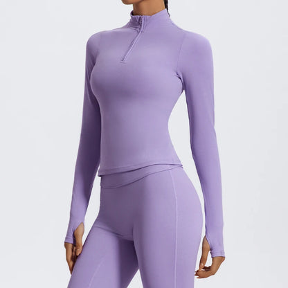 Hearuisavy Half Zipper High Collar Sports Shirts Quick-Dry Yoga Clothing Women Sportswear Fitness Long Sleeve Tight Clothes