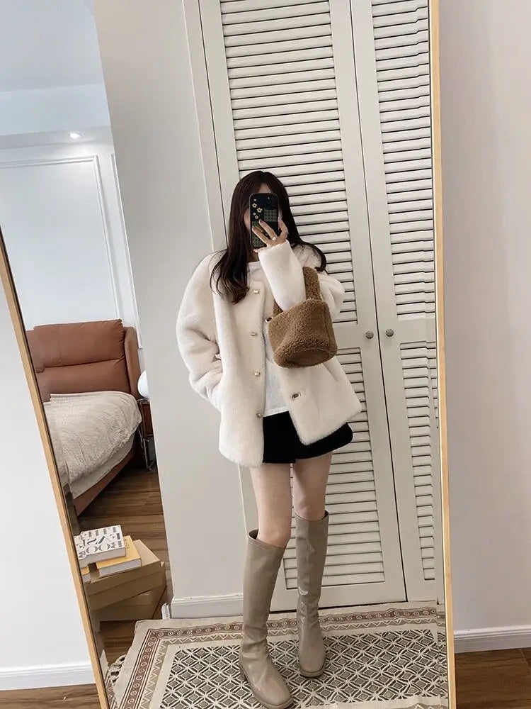 Lamb Fur Jacket for Women Pure Wool Fur Coats Particle Sheep Fleece Gold Buckle Composite Fur Integrated Women's Winter Coat FCY