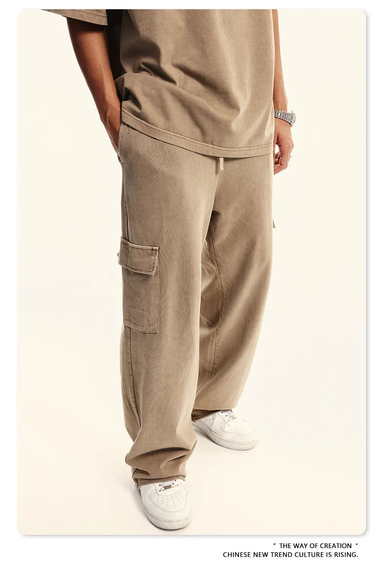 Custom LOGO Men's 358G Spring Summer 100% Cotton New Teen Thin Multi-Pocket American Retro Washing Tooling Casual Couple Pants