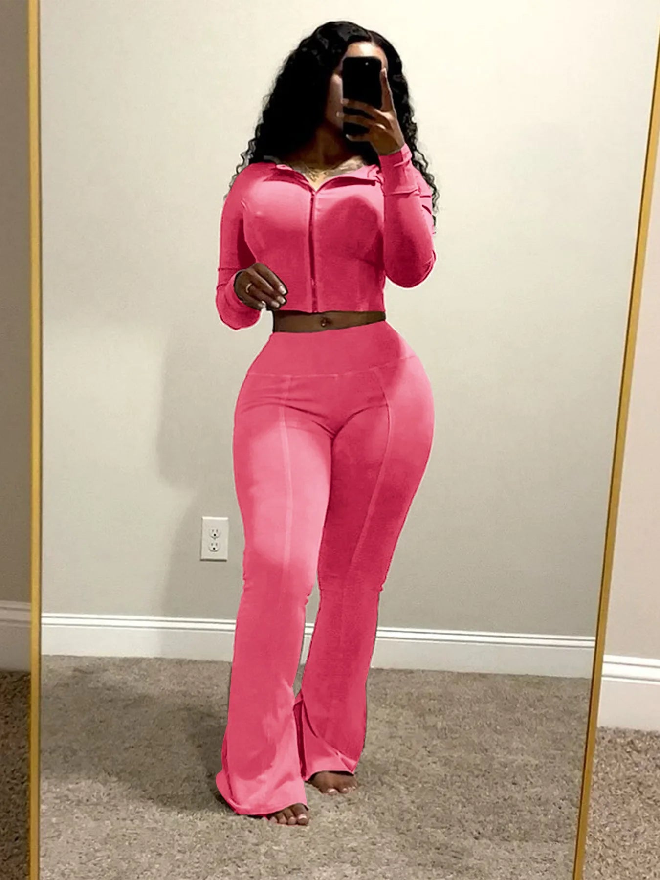 Customized LOGO women's cotton ammonia washed old hooded flared pants elastic two-piece casual suit
