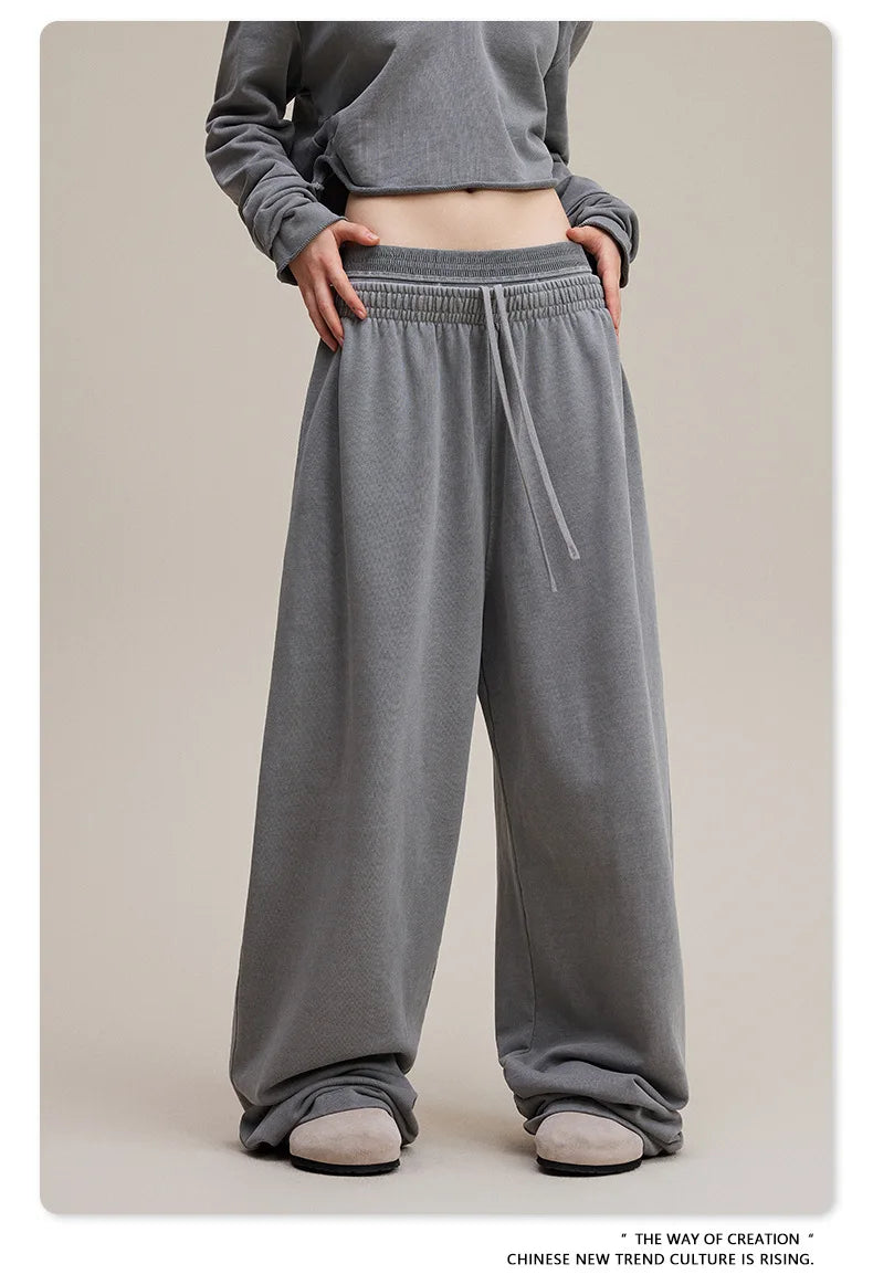 Custom LOGO Women's 2025 Spring and Autumn 370G Heavy 100% Cotton Retro Style Old and Skinny Double Waist Casual Straight Pants