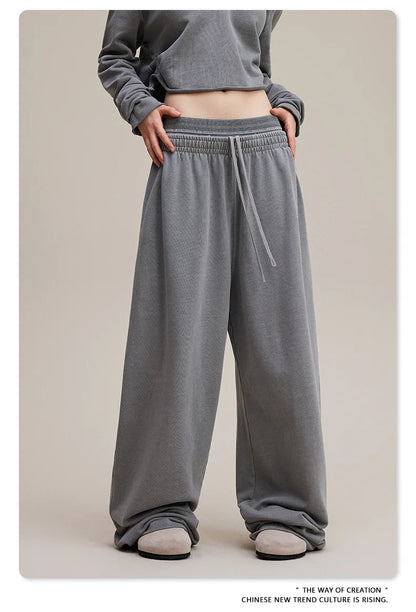 Custom LOGO Women's 2025 Spring and Autumn 370G Heavy 100% Cotton Retro Style Old and Skinny Double Waist Casual Straight Pants