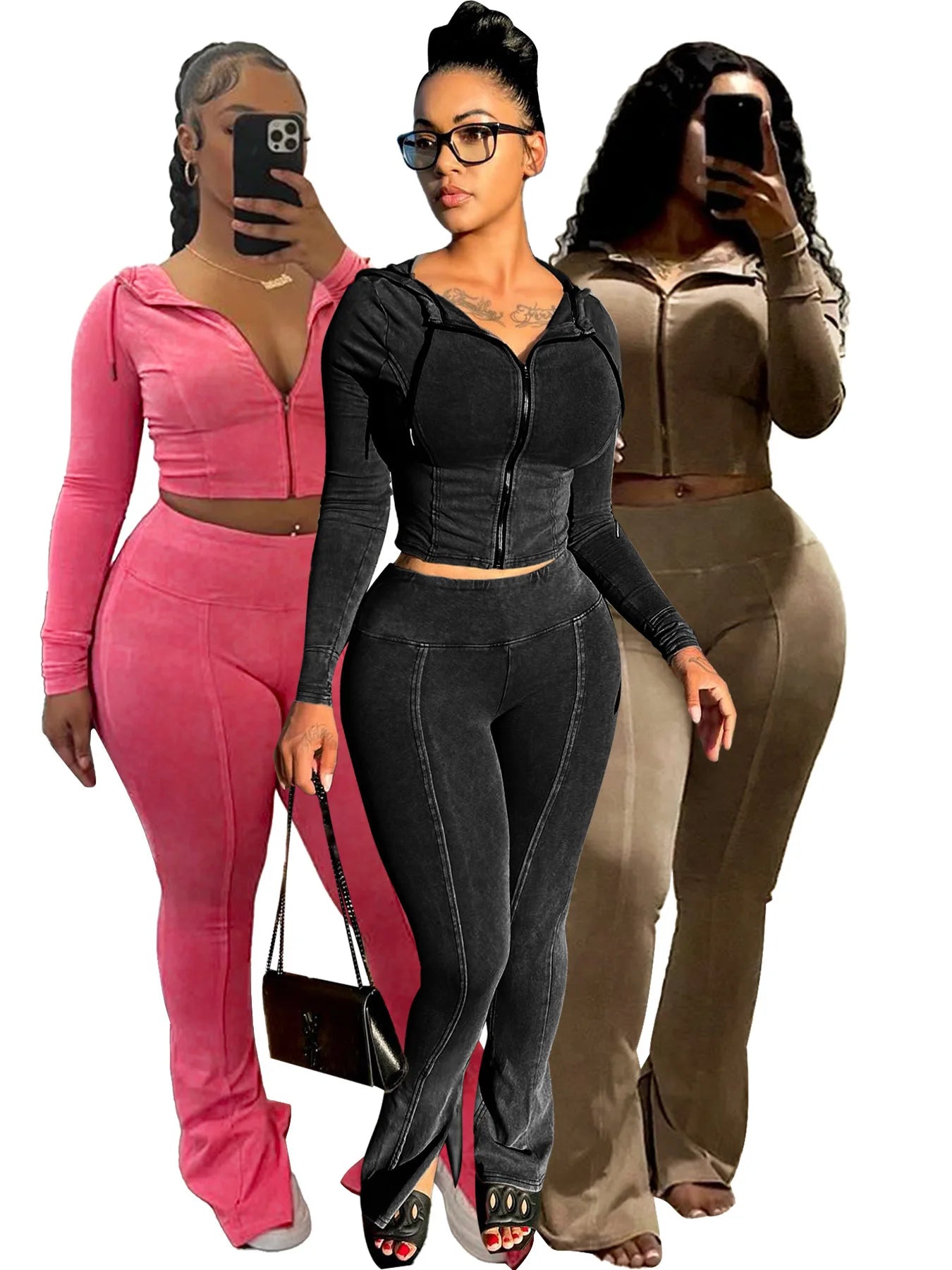 Customized LOGO women's cotton ammonia washed old hooded flared pants elastic two-piece casual suit