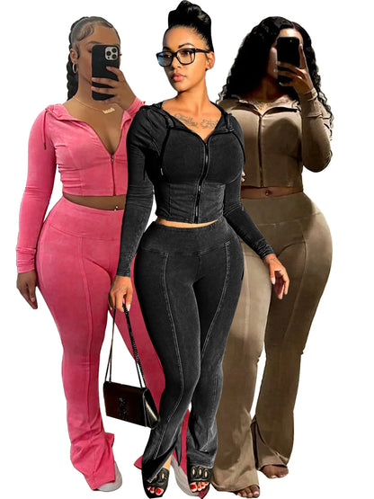 Customized LOGO women's cotton ammonia washed old hooded flared pants elastic two-piece casual suit