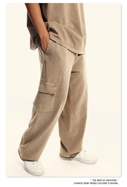 Custom LOGO Men's 358G Spring Summer 100% Cotton New Teen Thin Multi-Pocket American Retro Washing Tooling Casual Couple Pants