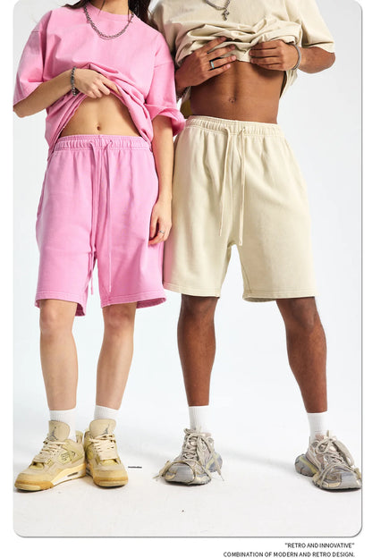 Custom LOGO men's new washed 420G European and American 100% cotton retro terry couple casual sports shorts