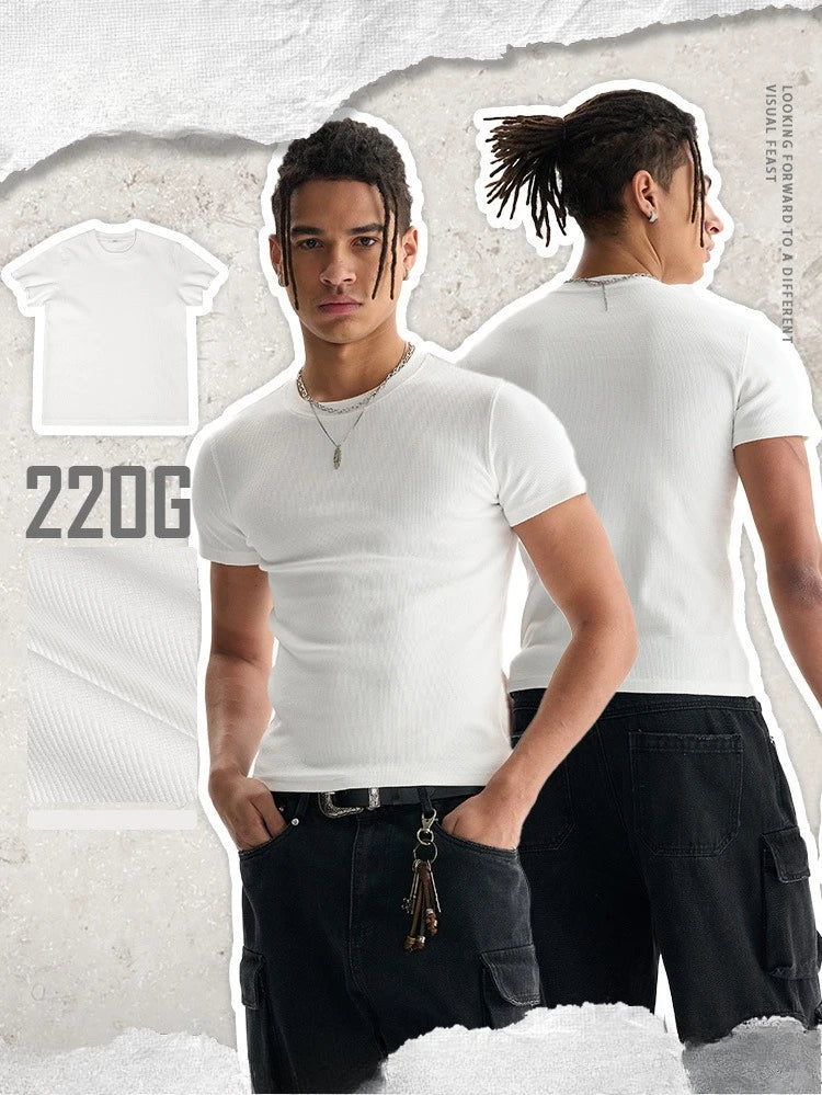 Custom LOGO Men's High Quality Skinny Short Threaded Short Sleeve T-Shirt Elastic Casual Sports Top