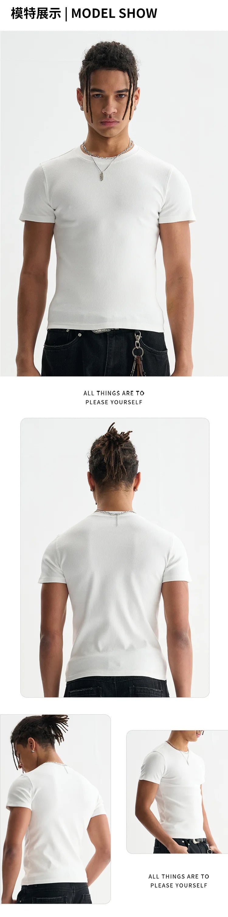 Custom LOGO Men's High Quality Skinny Short Threaded Short Sleeve T-Shirt Elastic Casual Sports Top