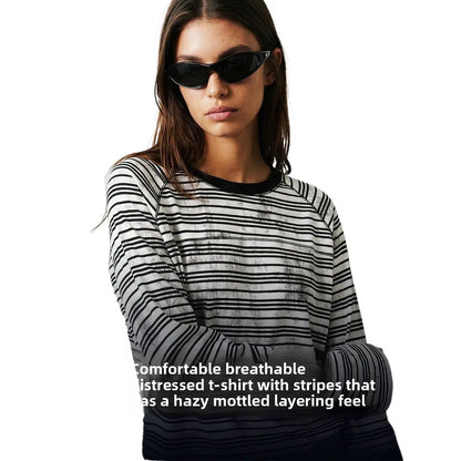 Custom LOGO Men's Cotton Polyester 210G Retro Dirty Dyeing Room Strips Shoulder Rugged Couple Long Sleeve Knitted T-Shirt Top