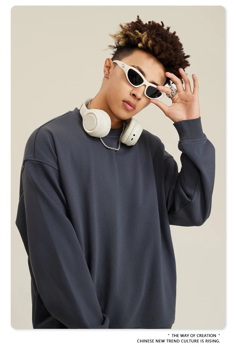 Custom LOGO men's and women's spring autumn and winter new American 440G heavy terry loose pullover crew neck sweater