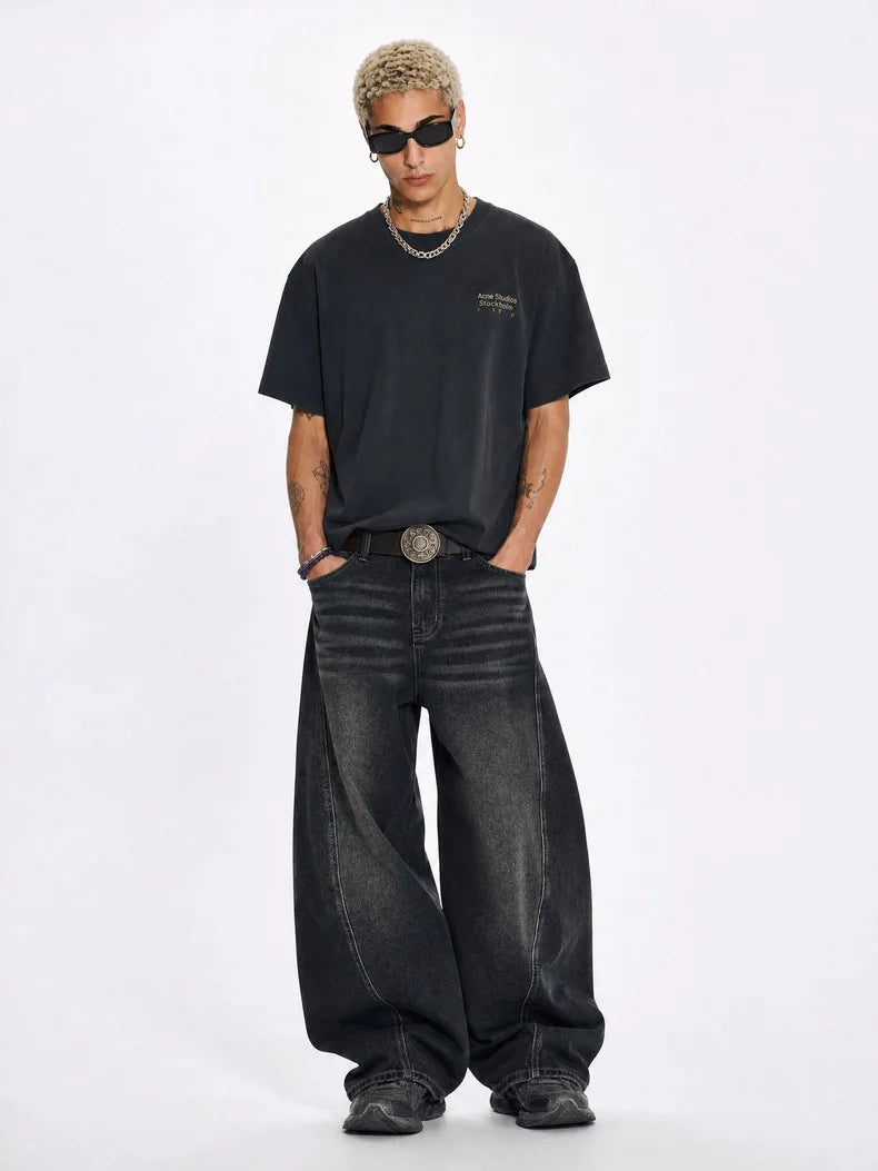Custom LOGO men's 2026 denim scimitar pants cotton autumn new American retro washed old casual couple trousers