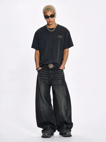 Custom LOGO men's 2026 denim scimitar pants cotton autumn new American retro washed old casual couple trousers