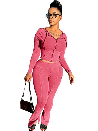 Customized LOGO women's cotton ammonia washed old hooded flared pants elastic two-piece casual suit