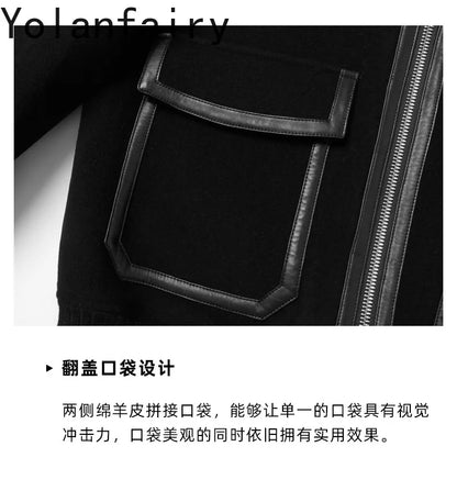 YOLANFAIRY Real Sheepskin Leather Patchwork Wool Coat for Men Autumn Trendy Short Cashmere Jacket Loose Streetwear ropa hombre