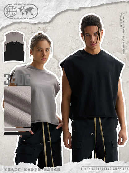 Custom LOGO Men's 340G Heavy Cotton Polyester Casual Short Vest Trendy Loose Hemming Loose Couple Sleeveless Top