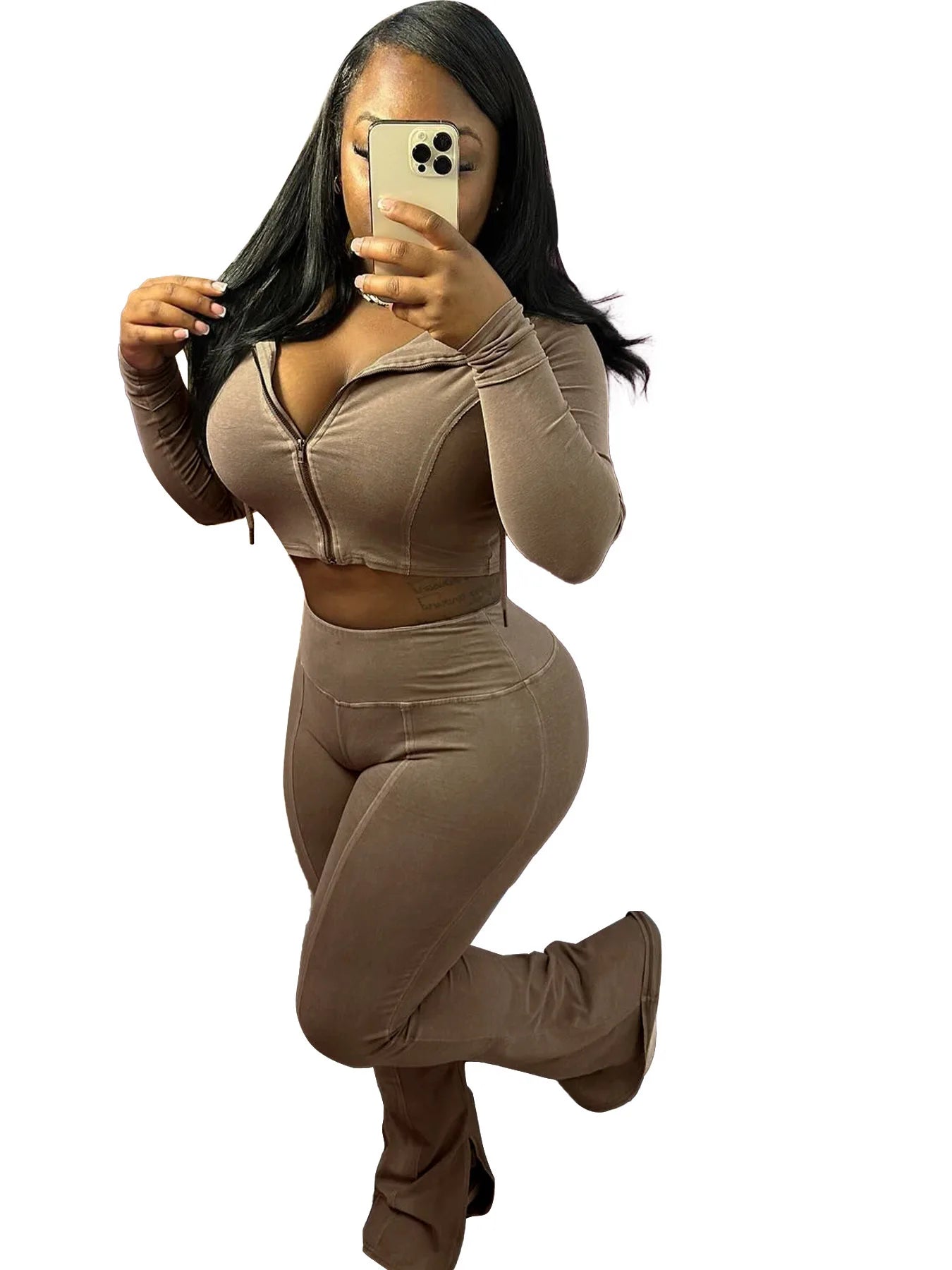 Customized LOGO women's cotton ammonia washed old hooded flared pants elastic two-piece casual suit