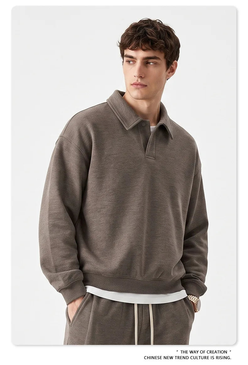 Custom LOGO men's autumn 320G heavy cotton new old money wind American retro polo sweater trousers loose suit