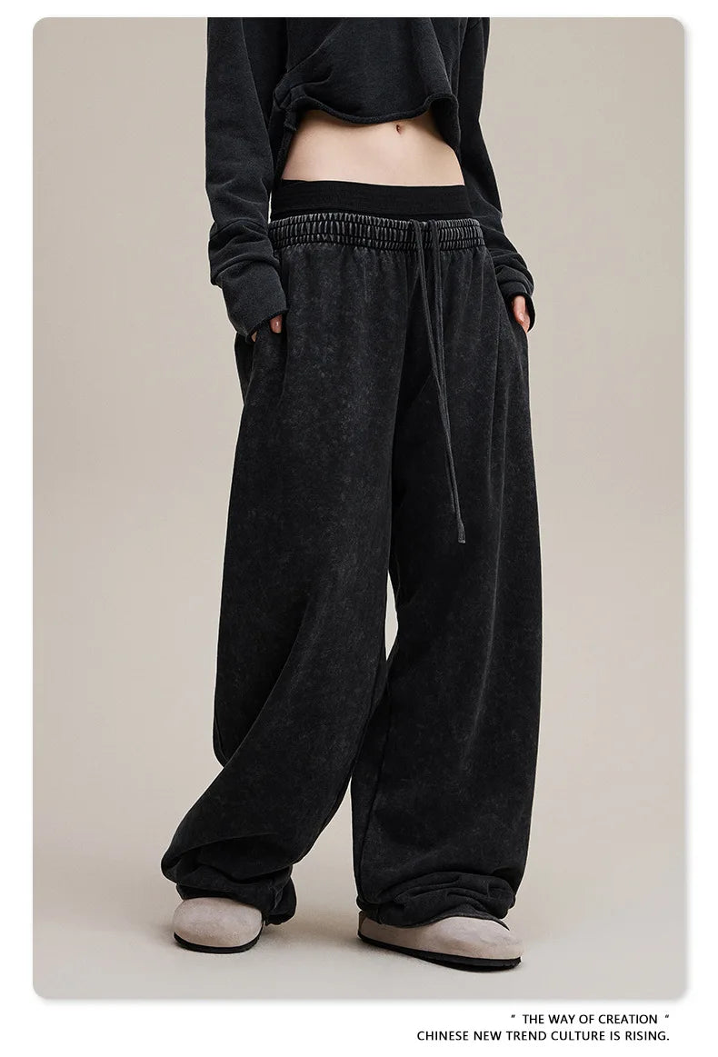 Custom LOGO Women's 2025 Spring and Autumn 370G Heavy 100% Cotton Retro Style Old and Skinny Double Waist Casual Straight Pants