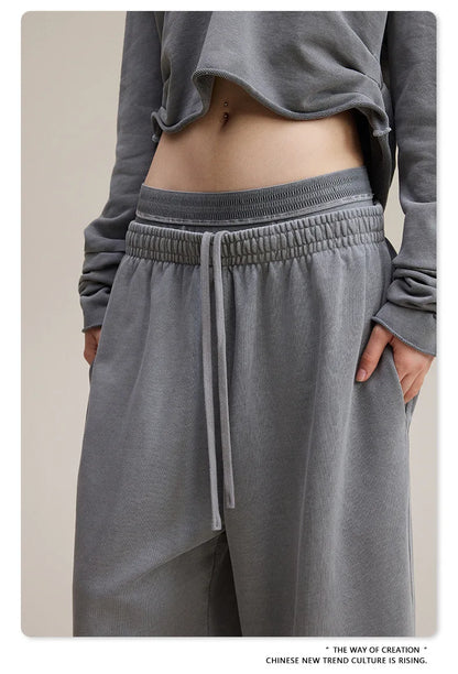 Custom LOGO Women's 2025 Spring and Autumn 370G Heavy 100% Cotton Retro Style Old and Skinny Double Waist Casual Straight Pants