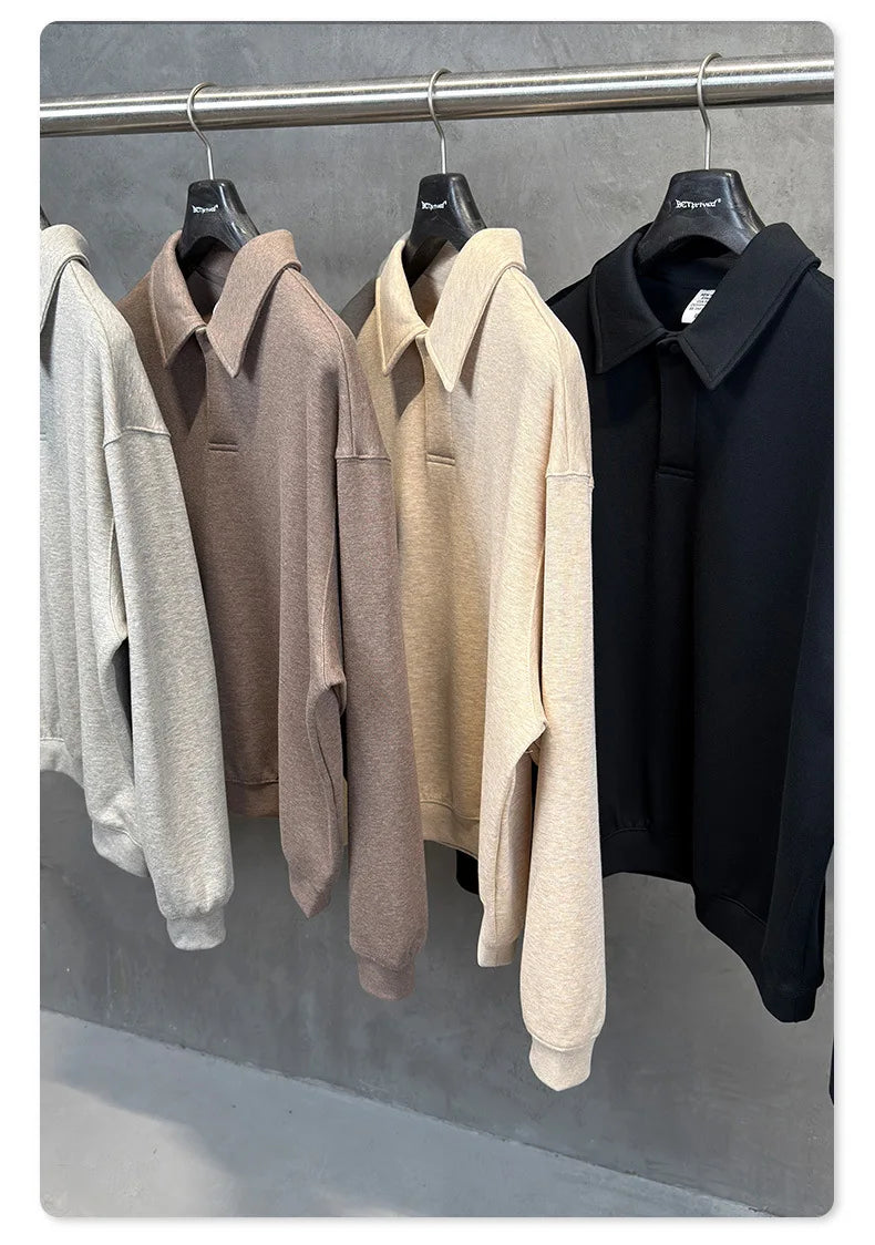 Custom LOGO men's autumn 320G heavy cotton new old money wind American retro polo sweater trousers loose suit